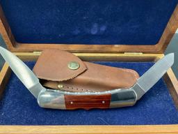 Vintage Buck Folding Double Knife, 535+ Bucklock, in Custom Wooden Case & Leather Sheath