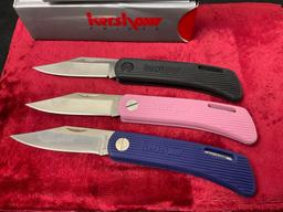 Trio of Modern Kershaw Knives, 3 colors of D.W.O. Classic 3000, Black, Purple, Pink