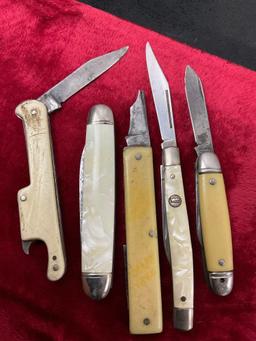 Assorted Collection of Folding Knives plastic & MOP Handles, incl. Colonial, Remington, Imperial