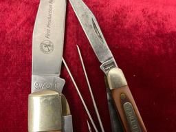 Pair of Schrade Old Timer Folding Knives, First Production Run Buzzsaw Trapper 97OT & 108OT Junior