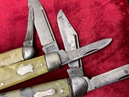 Trio of Mother of Pearl Handled Stockman Folding Pocket Knives, Imperial, Wards, & Colonial