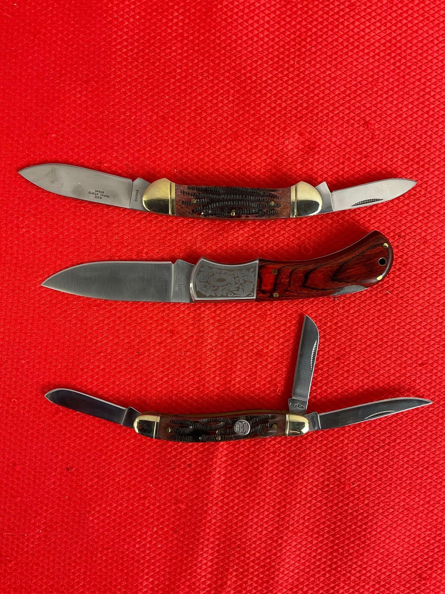 3 pcs Rough Rider 440 Steel Folding Pocket Knife Assortment. Models RR156, 158 & 182. NIB. See pi...
