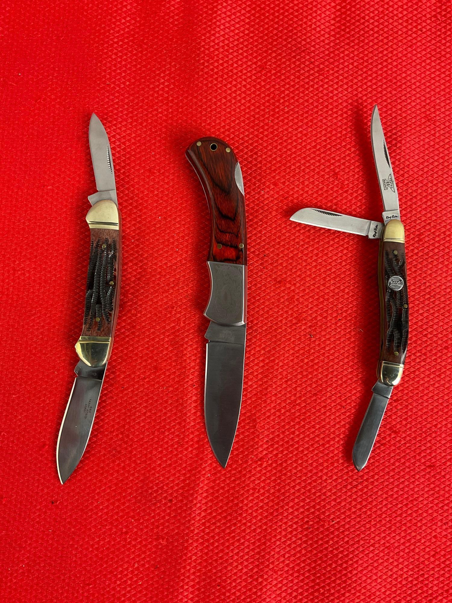 3 pcs Rough Rider 440 Steel Folding Pocket Knife Assortment. Models RR156, 158 & 182. NIB. See pi...