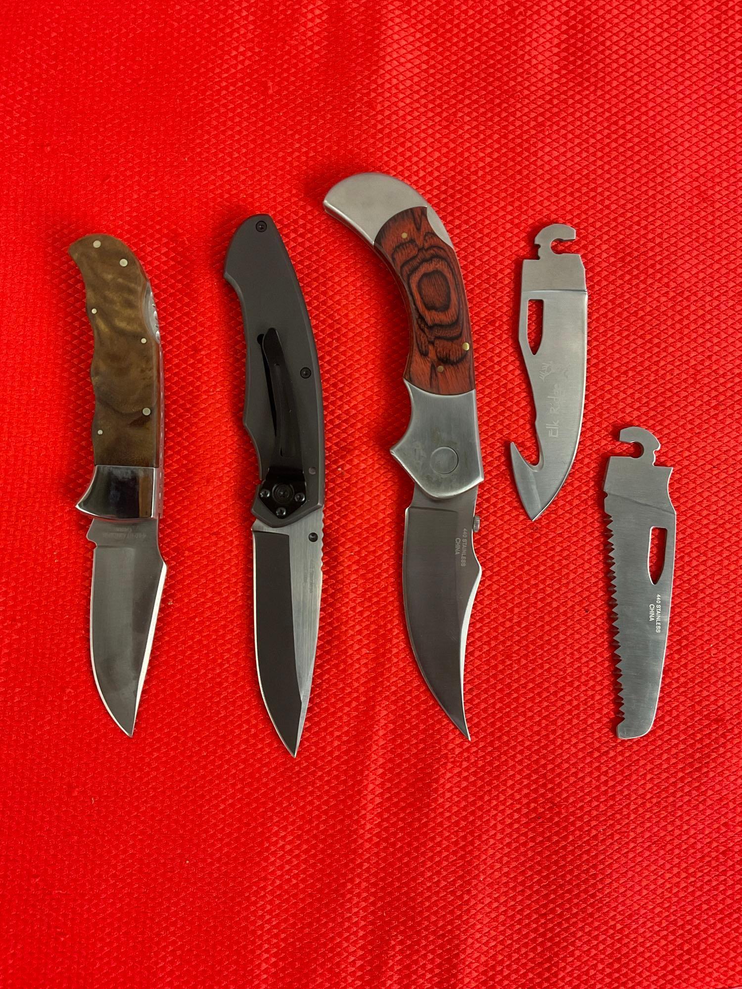 3 pcs Elk Ridge 440 Steel Folding Blade Lock Back Pocket Knives Models 55, 83 & 138. NIB. See pics.