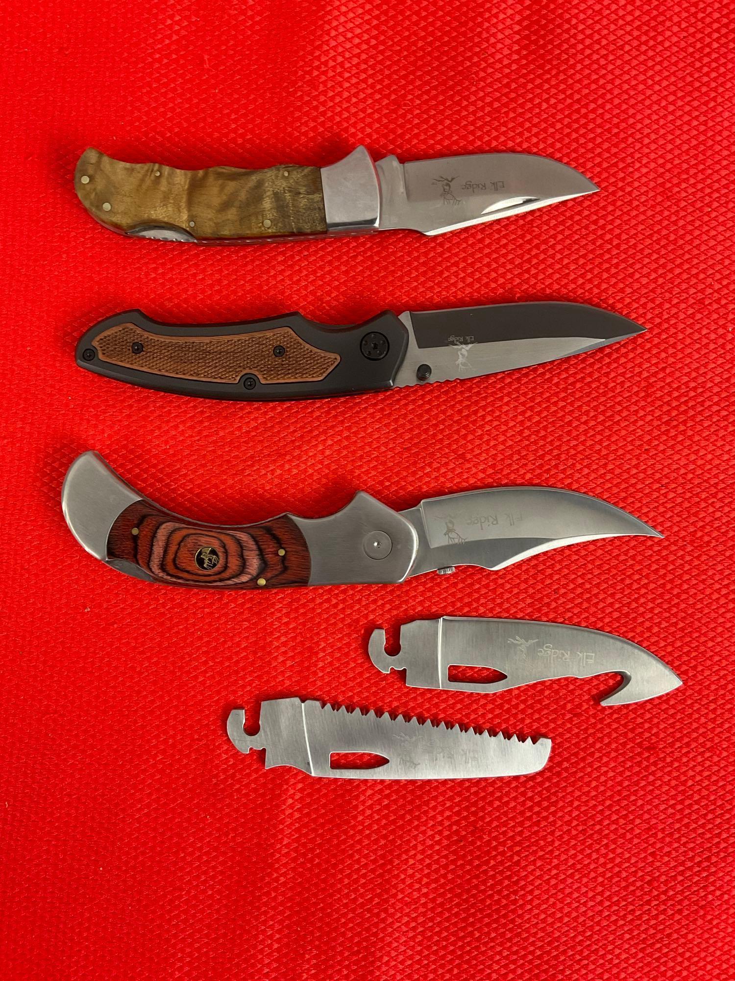 3 pcs Elk Ridge 440 Steel Folding Blade Lock Back Pocket Knives Models 55, 83 & 138. NIB. See pics.