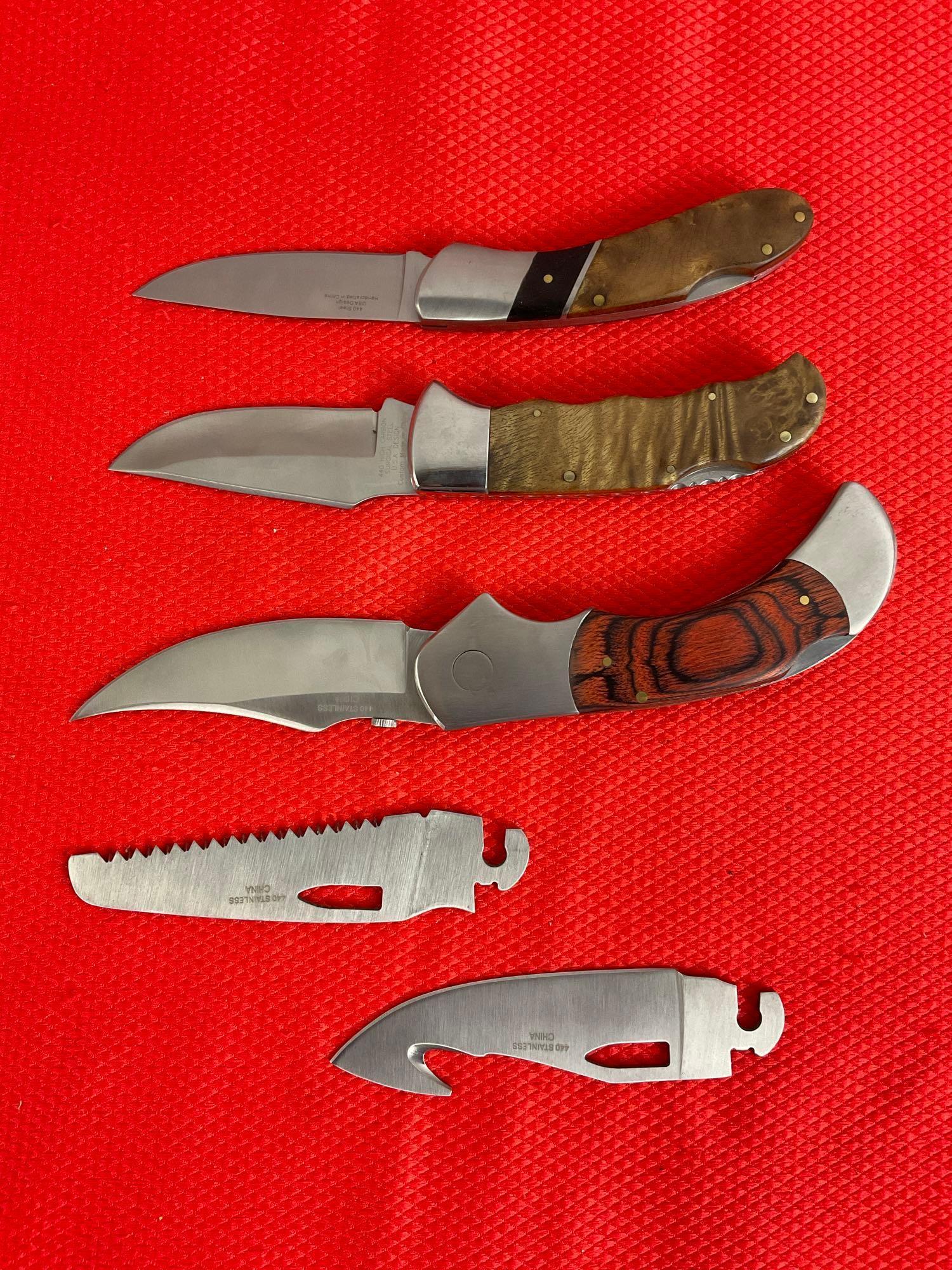 3 pcs Elk Ridge 440 Steel Folding Blade Lock Back Pocket Knives Models 55, 72D & 138. NIB. See pi...