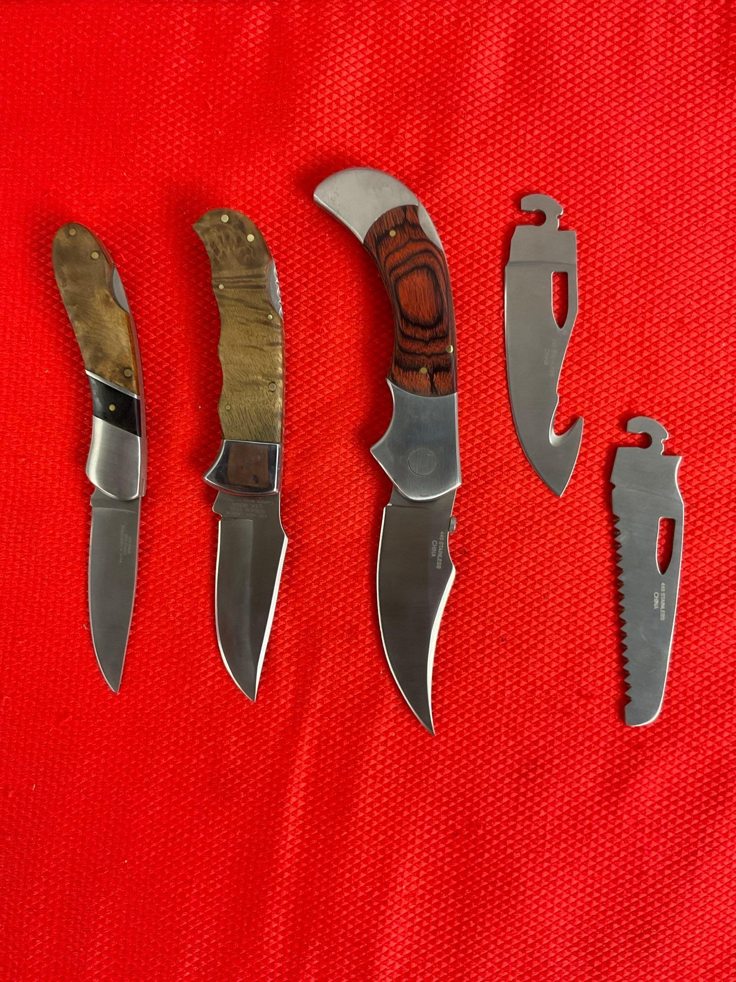 3 pcs Elk Ridge 440 Steel Folding Blade Lock Back Pocket Knives Models 55, 72D & 138. NIB. See pi...