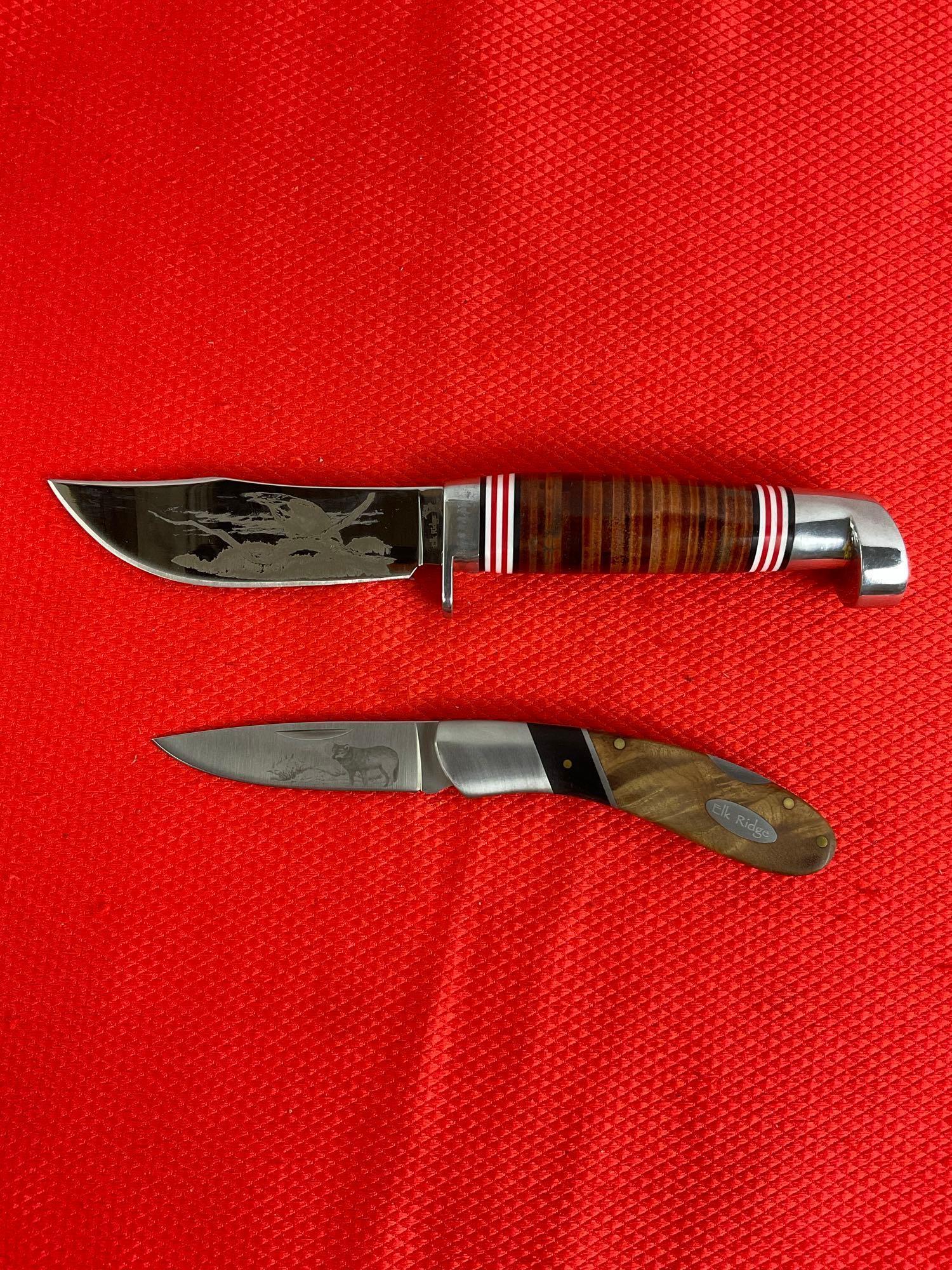 2 pcs Elk Ridge 440 Stainless Steel Knives w/ Etched Blades Models ER-72W & ER-84E. NIB. See pics.