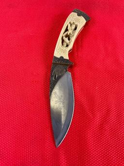 Stainless Steel 5" Fixed Blade Knife w/ Double Eagle Carved Resin Handle & Etched Blade. See pics.