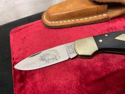 Vintage Western Folding Knife, S-531, w/ Deer Buck etched on blade, w/ Leather Sheath