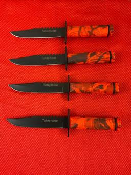 4 pcs Tiger USA 4.5" Fixed Blade 1045 German Surgical Steel Turkey-Hunter Knives w/ Canvas Sheaths.