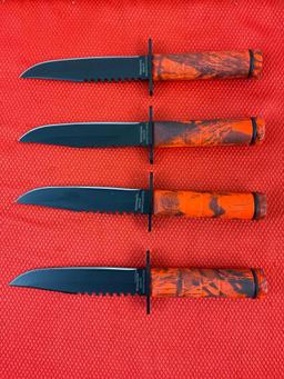 4 pcs Tiger USA 4.5" Fixed Blade 1045 German Surgical Steel Turkey-Hunter Knives w/ Canvas Sheaths.
