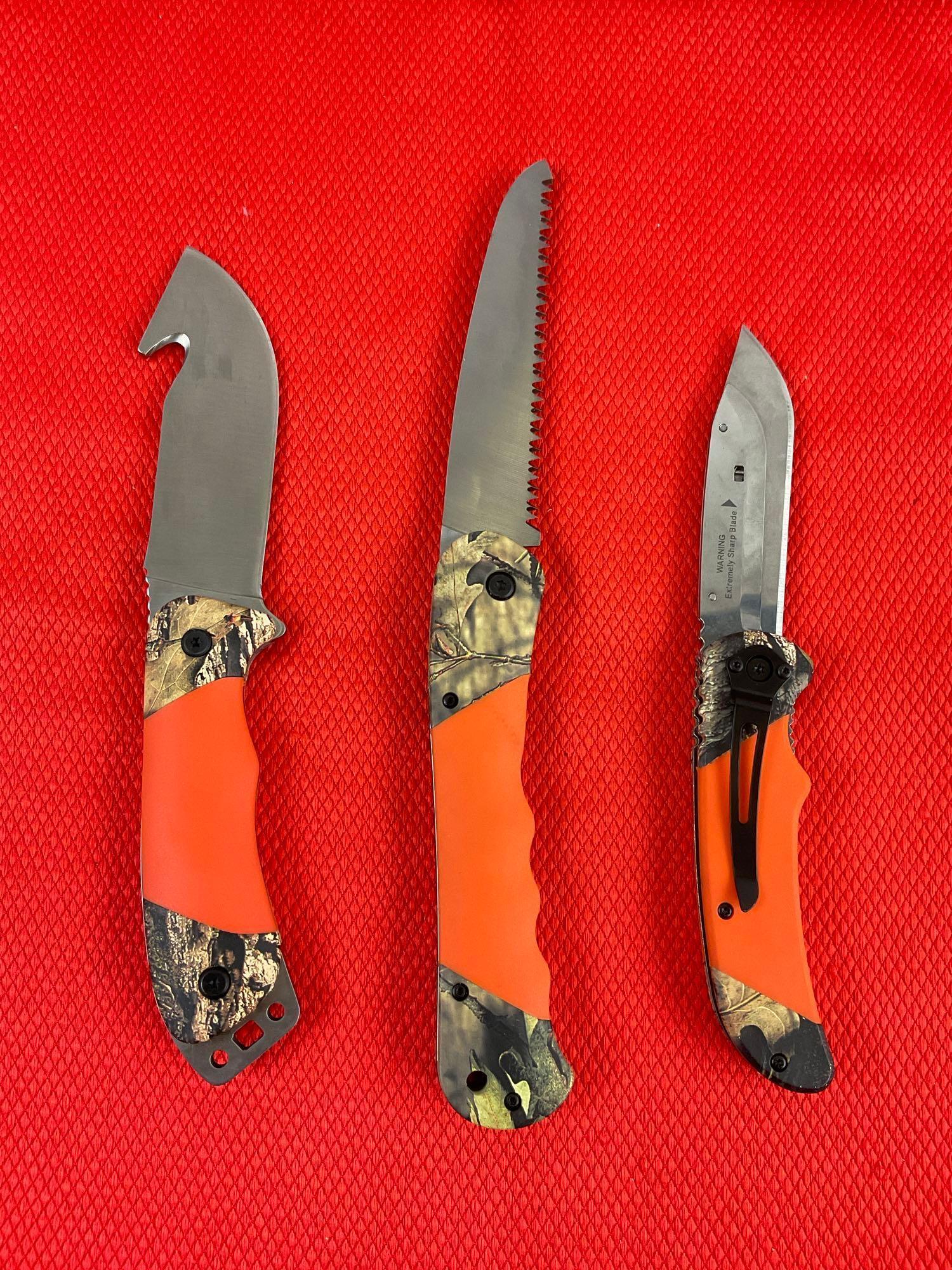3 pcs Mossy Oak Steel Hunting & Utility Knife Assortment w/ Canvas Sheath. See pics.