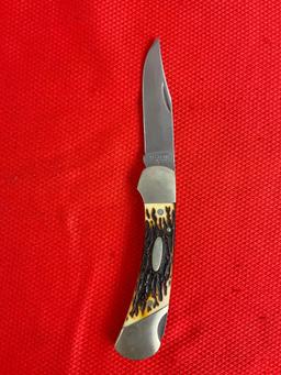 Vintage Western 4" Steel Folding Blade Lock Back Pocket Knife Model 542 w/ Leather Sheath. See pi...
