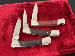 Trio of Vintage Buck Knives 503 Prince Folding Pocket Knife, Nickel Silver & Wooden Handle