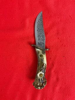 4" Steel Fixed Blade Hunting Knife w/ Antler Handle & Sheath. Unknown Brand, Winchester? See pics.