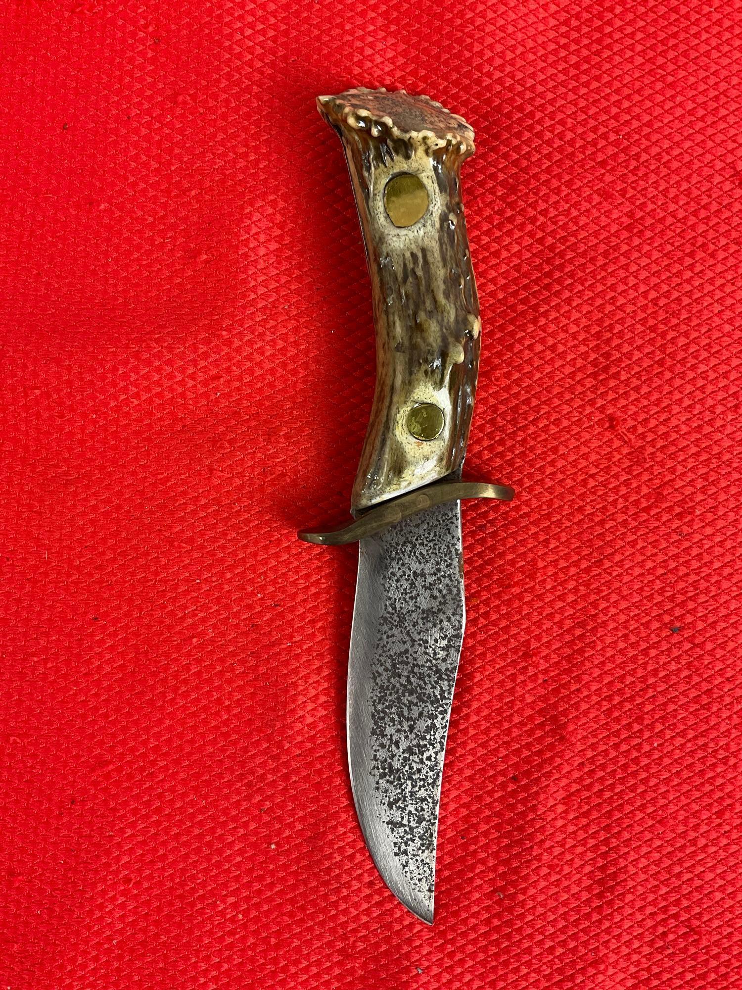 4" Steel Fixed Blade Hunting Knife w/ Antler Handle & Sheath. Unknown Brand, Winchester? See pics.