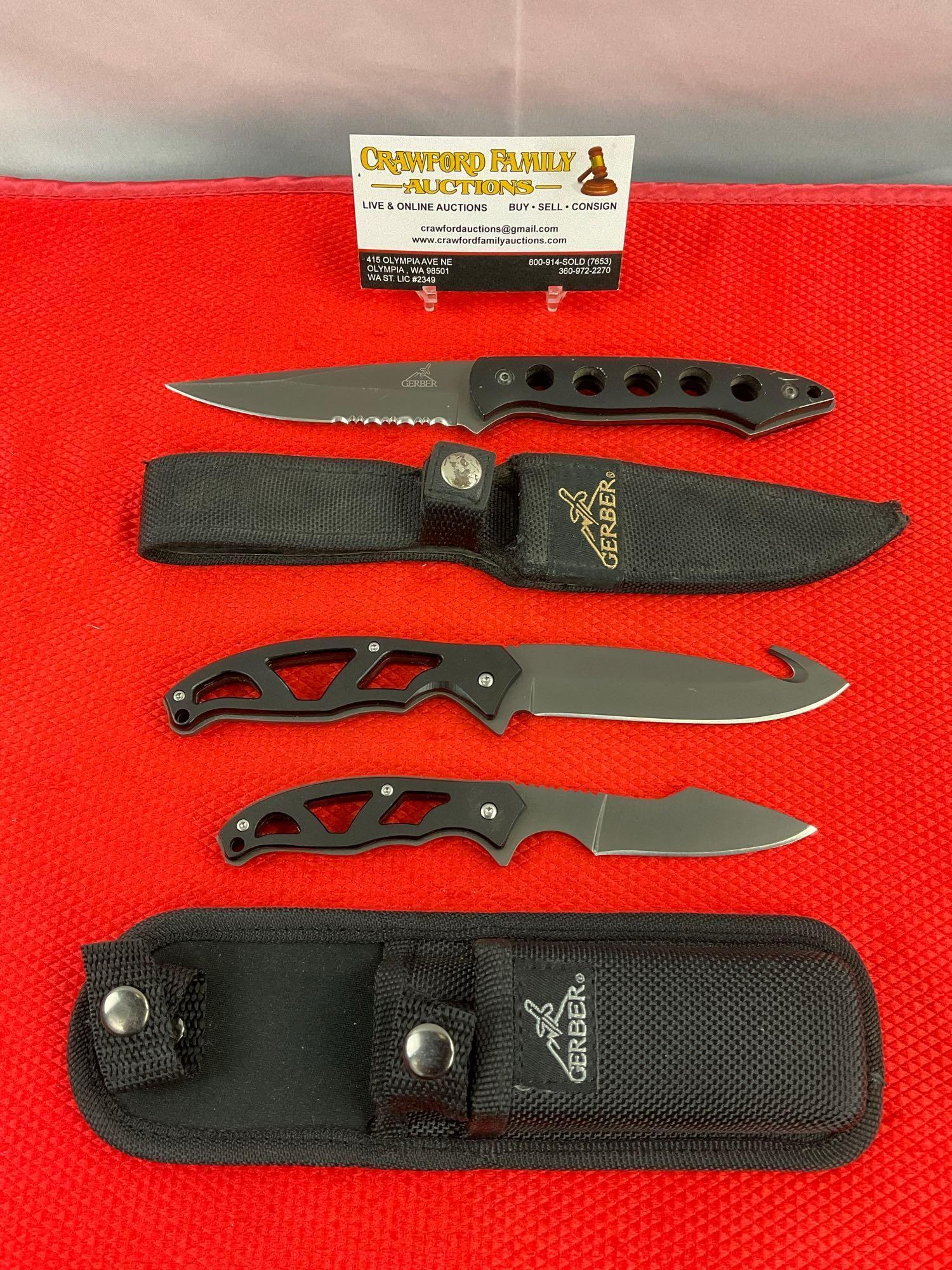 3 pcs Vintage Gerber 440 Steel Fixed Blade Hunting Knives w/ Sheathes. No Model Numbers. See pics.