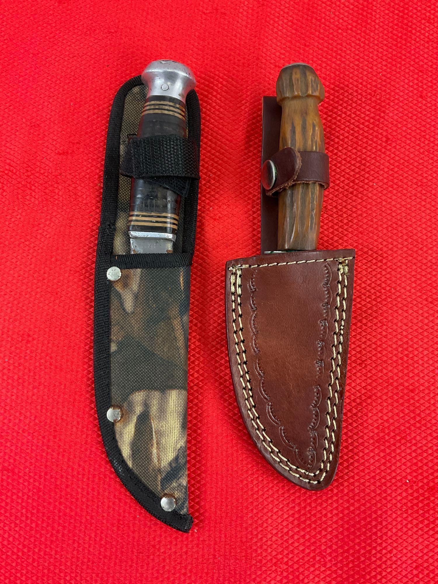 2 pcs Vintage Steel Fixed Blade Hunting Knives w/ Sheathes. Remington RH73 & Kinfolks K380. See