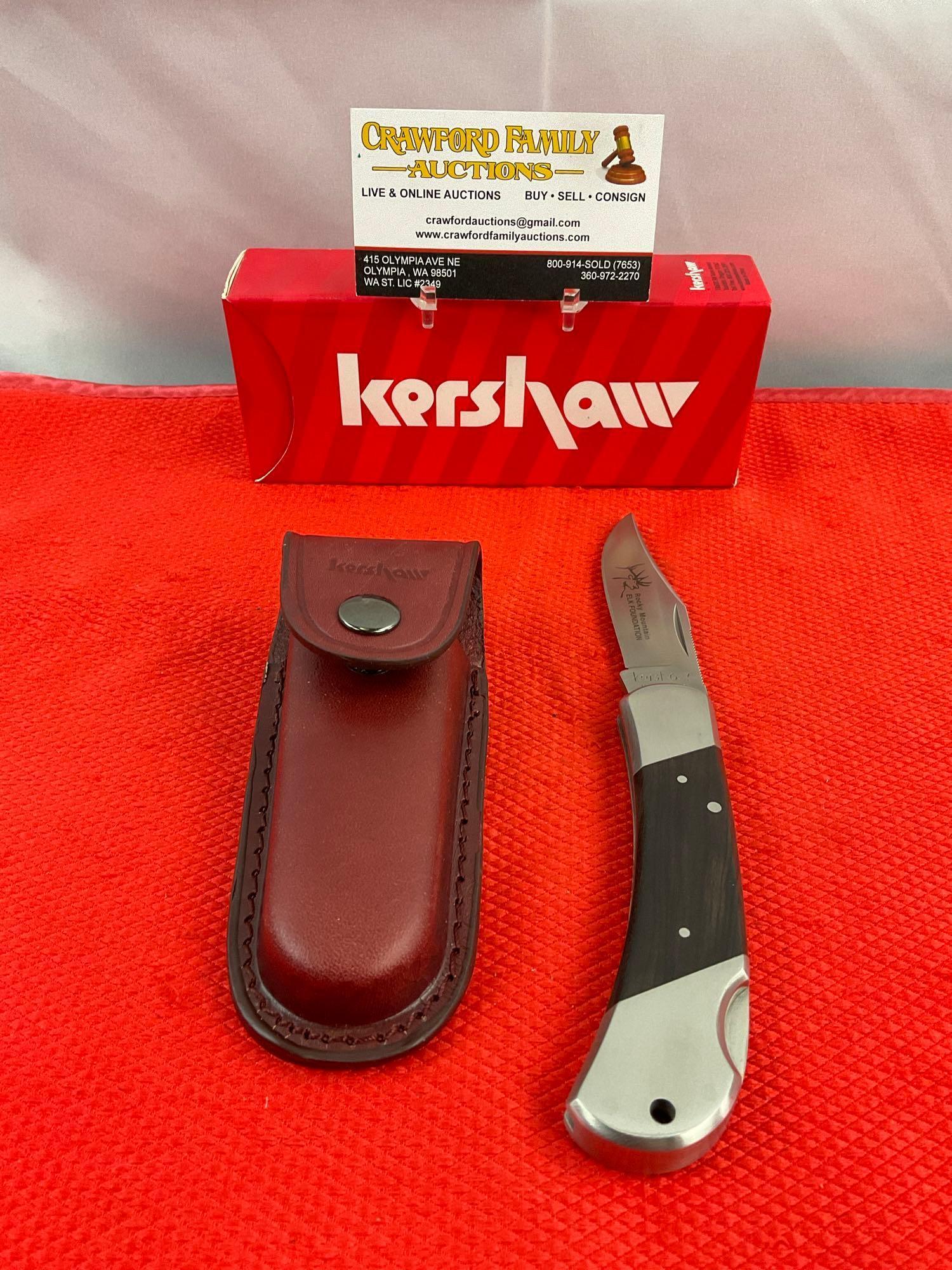 Kershaw 3.5" Steel Folding Blade Lock Back Pocket Knife w/ Sheath Model No. 3140RMEF. NIB. See pi...