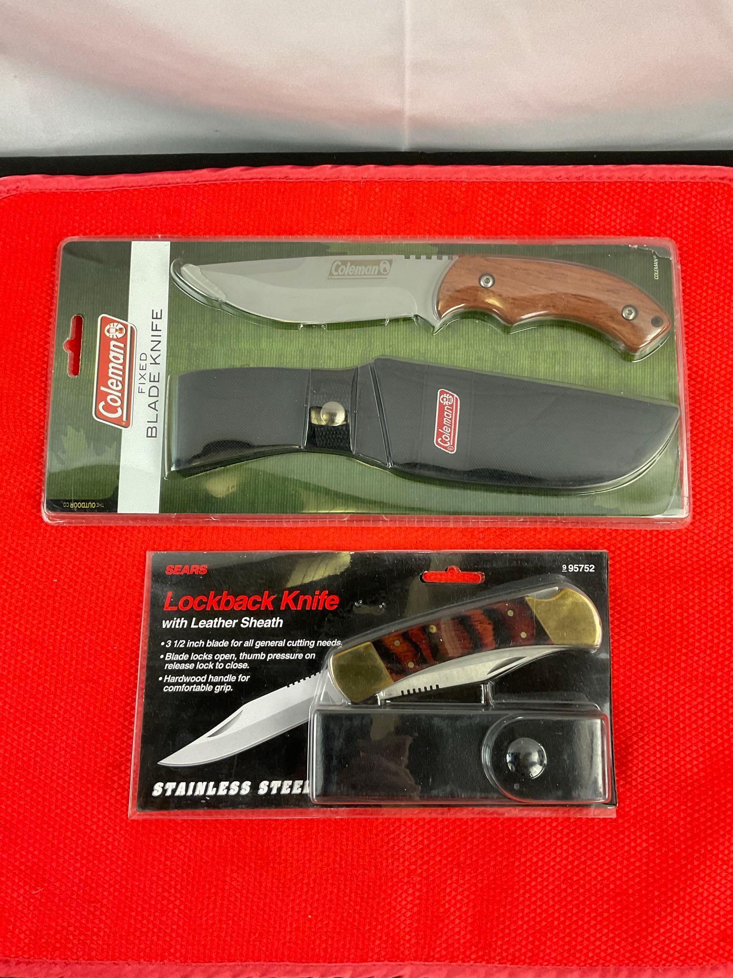 2 pcs Knife Assortment. Vintage Sears 3.5" Lockback Knife 95752 & Coleman 4.5" 2000004897. LNIB. ...