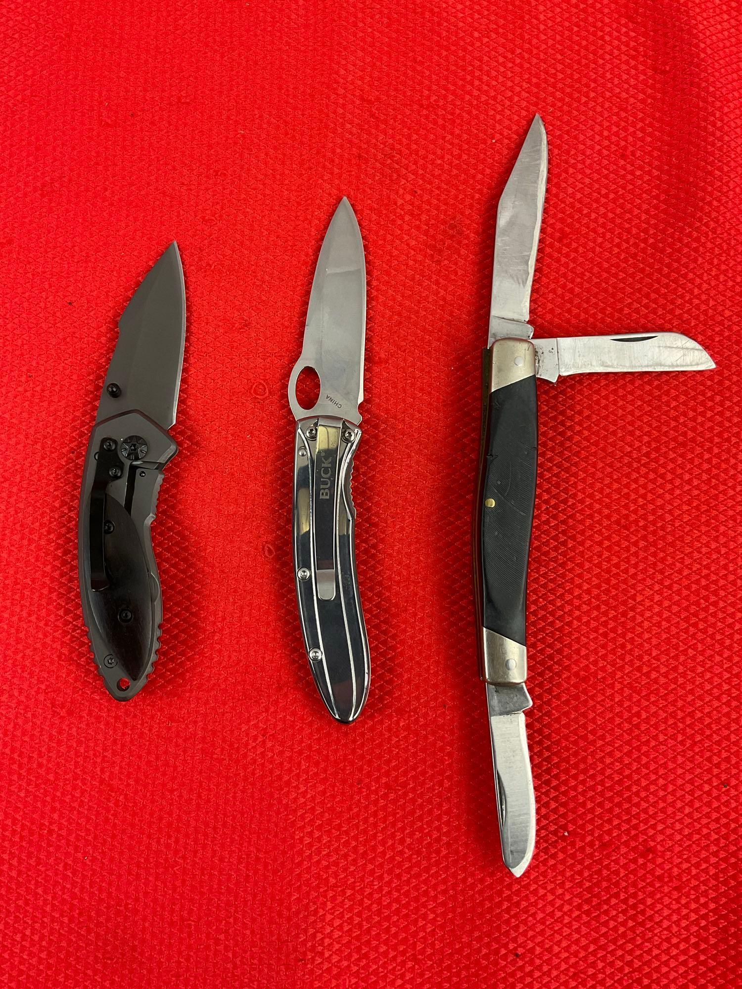 3 pcs Buck 3" Steel Folding Knife Assortment. 1x Vintage Model 307, 2x Modern Models. See pics.