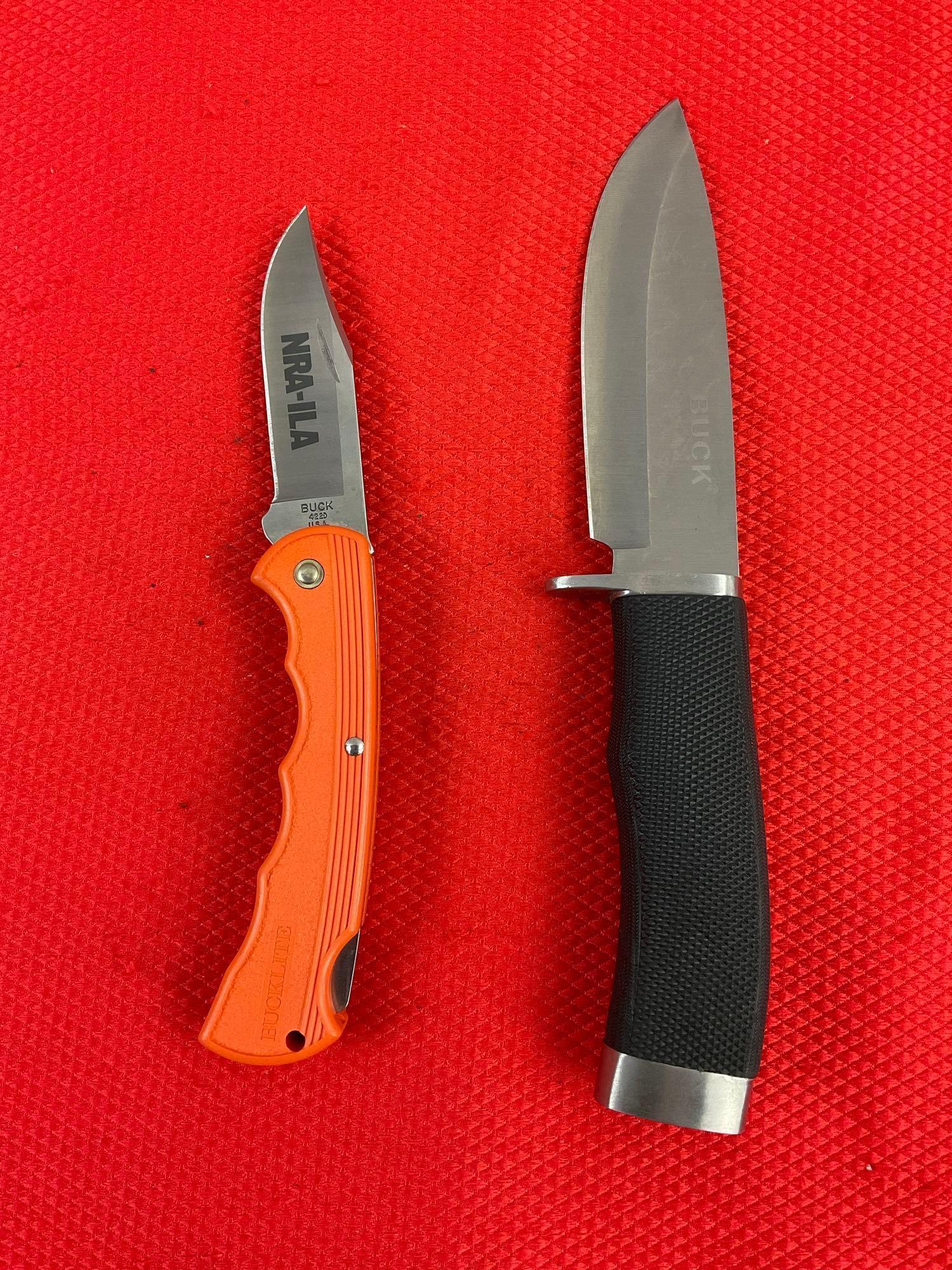 2 pcs Modern Buck Steel Knife Assortment, 1 Model 04220RSNRA-B & 1 Unnumbered. NIB. See pics.