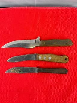 3 pcs Vintage Steel Fixed Blade Knives. 1 Maxam, 1 Cattaraugus Vanadium, 1 Unmarked. See pics.