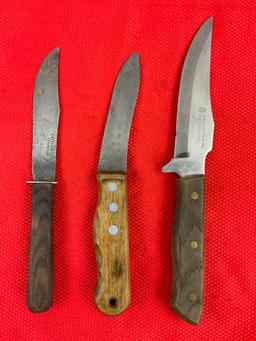 3 pcs Vintage Steel Fixed Blade Knives. 1 Maxam, 1 Cattaraugus Vanadium, 1 Unmarked. See pics.