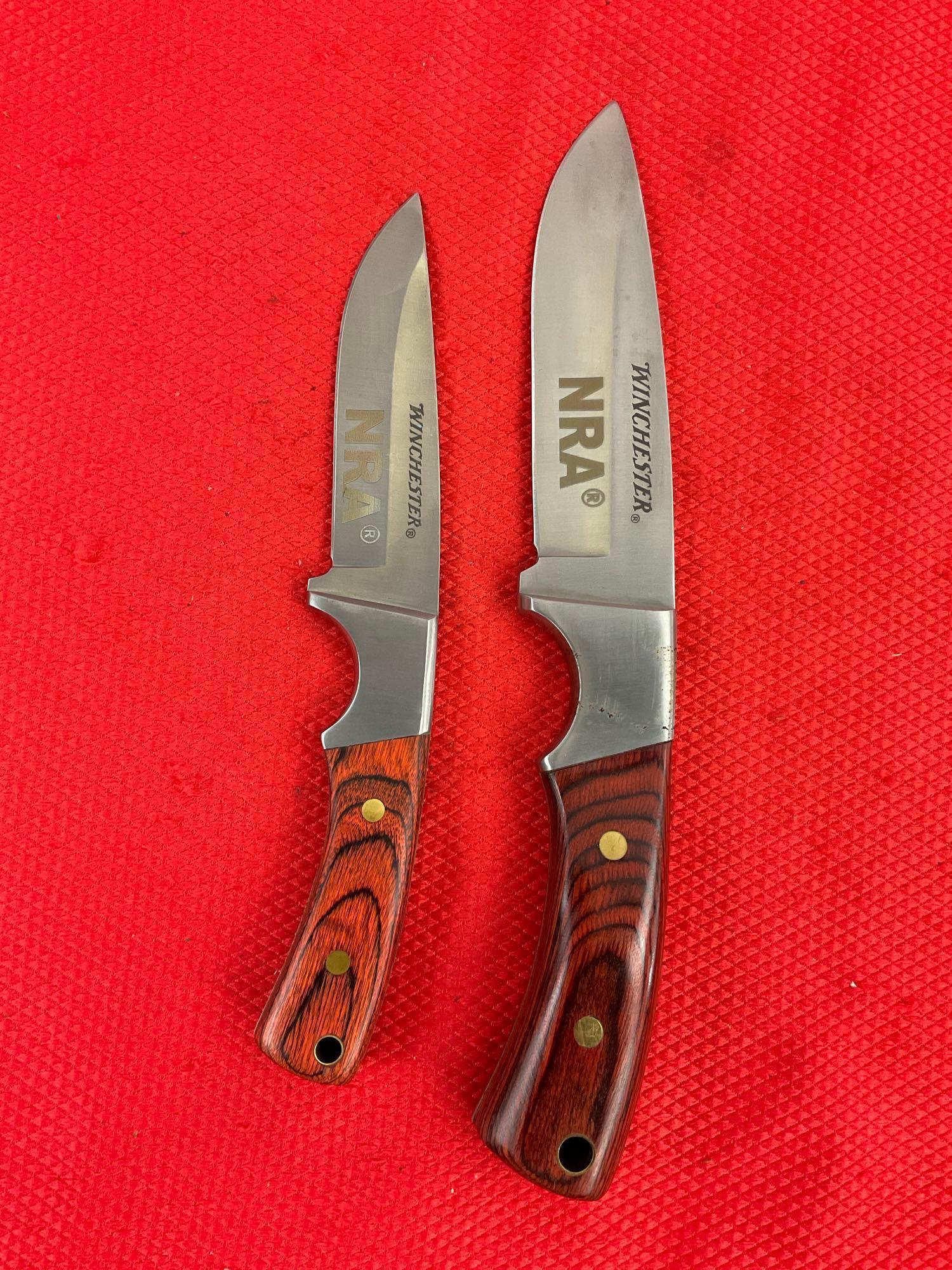 2 pcs Modern Winchester Steel Fixed Blade Hunting Knives w/ NRA Logo & Sheathes. See pics.