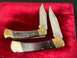 Pair of Vintage Folding Pocket Knives, Buck 112 & Sheffield Stainless, wooden handles