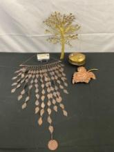 4 pcs Brass & Copper Decorative Assortment. Flat Brass Tree. Copper Leaf Dish. Metal Leaf Hanger.