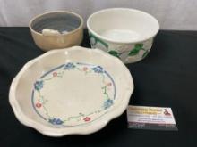 Trio of Glazed Ceramic pieces marked on bottom, Hand Painted Pie Plate, Whale Bowl, Floral Bowl