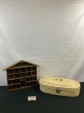 Vintage Building Shaped Wooden Display Case & Vintage Cream Enameled Bread Bin. See pics.
