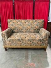 Antique Two-Seat Wooden Sofa/ Settee w/ Vintage Gold & Turquoise Floral Upholstery. As Is. See pi...