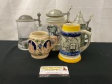 5 Vintage German Steins, Munchen, Salt Glazed, Crystal, Gerz Small Mug