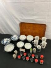 35 pcs Japanese Ceramic Dishware Assortment, 13 Plastic Cup Lids & Checkerboard Wood Tray. See pi...