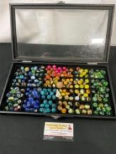 Assorted Vintage Marbles in Leather Display Case w/ Glass Top, roughly 150-200 pieces