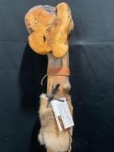 Vintage Native American Walking Stick, Carving, Fur, Beaded Leather, and Feathers