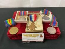 2 WWI medals Victory & Star & 3 WWII medals, British King George & Pair of Canadian Volunteer Med...