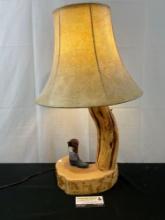 Vintage Log Lamp w/ Rawhide Shade and Carved Native Boot
