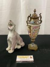 Antique Capodimonte Lidded Urn Enamel & Bronze & Swedish Rorstrand Art Nouveau Tiger Figurine