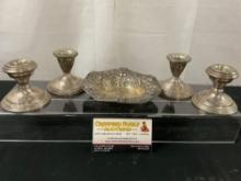 Sterling Silver 4 N.S. Co. Candlestick Holders, & Antique Repousse Floral Bowl, 629.5 grams ttw