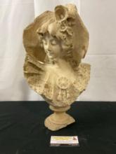 Antique Carved French Alabaster Bust, Victorian Style Woman on a turned socle base