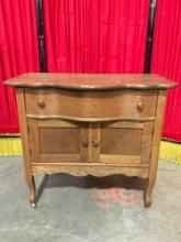 Antique Tiger Oak Scalloped Front Wheeled Commode w/ Drawer & Cat Box Cupboard. See pics.
