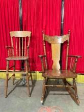 2 pcs Antique Tiger Oak Chairs. Dowel Back High Chair. Pressed Back Rocking Chair. Excellent
