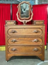 Antique Tiger Oak Wheeled Vanity Dresser w/ Revolving Mirror & 5 Drawers. Excellent Condition. See