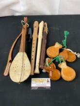 Handmade Wooden 1 String Instrument w/ Bow, 3 Flutes, 4 pairs of Castanets