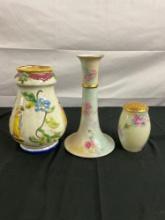 Italian Ardico Floral Pottery Vase & French Limoges Candle Stick + Shaker w/ Gold Accents on floral