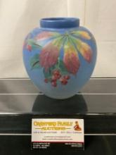 Vintage Weller Pottery Handpainted Vase, Fuchsia Plant on Blue ombre glaze